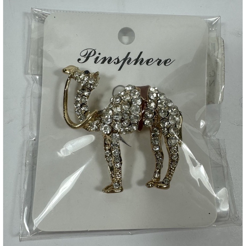 Pinsphere Camel Pin Brooch Clear Rhinestone Enamel Gold Tone Fashion Jewelry